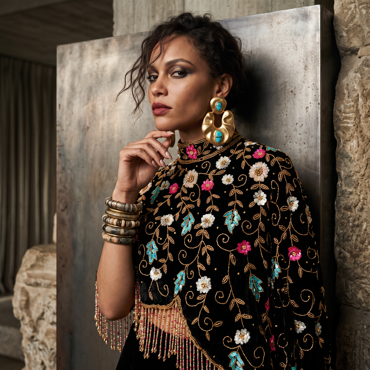 Midnight Botanica Asymmetrical Beaded Cape