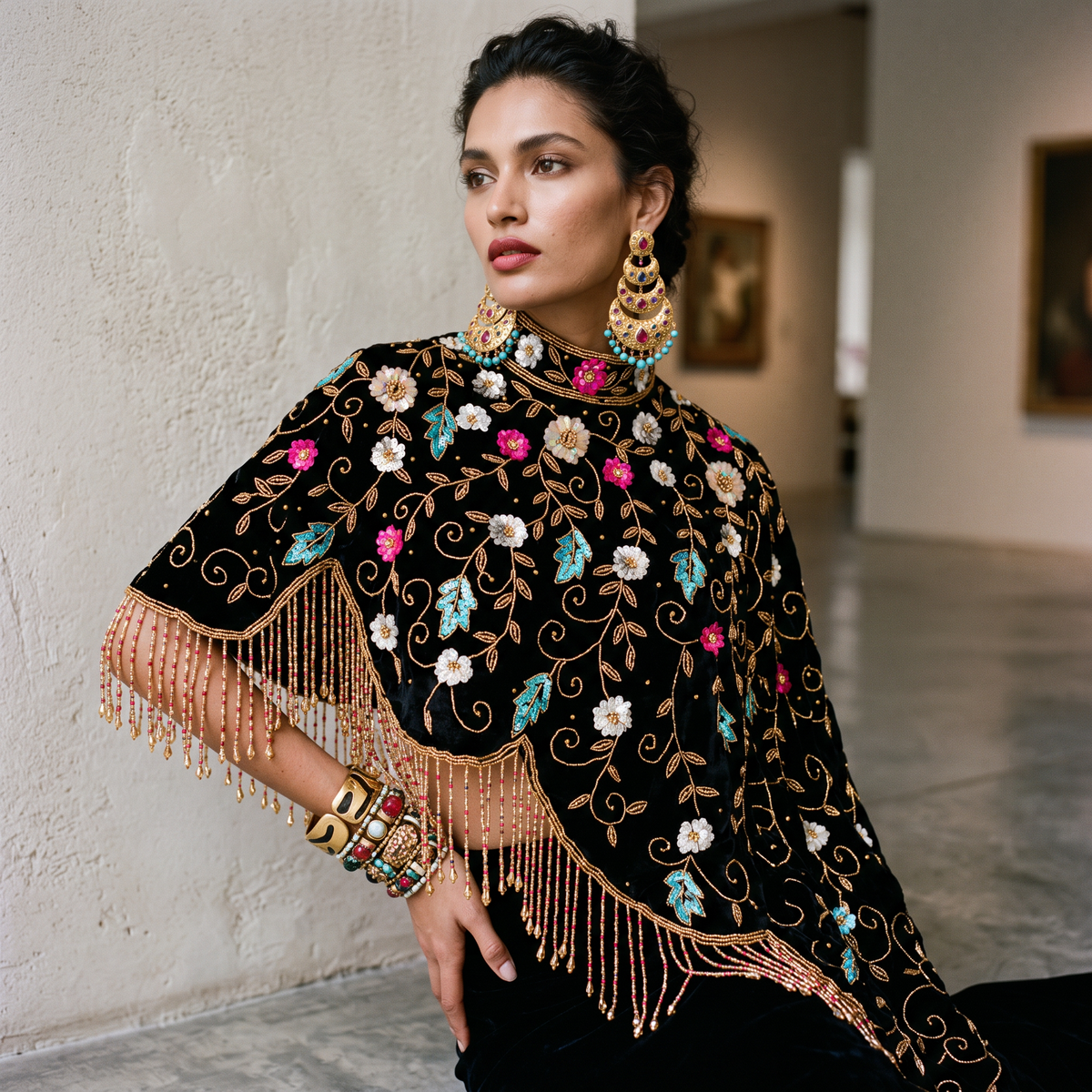 Midnight Botanica Asymmetrical Beaded Cape