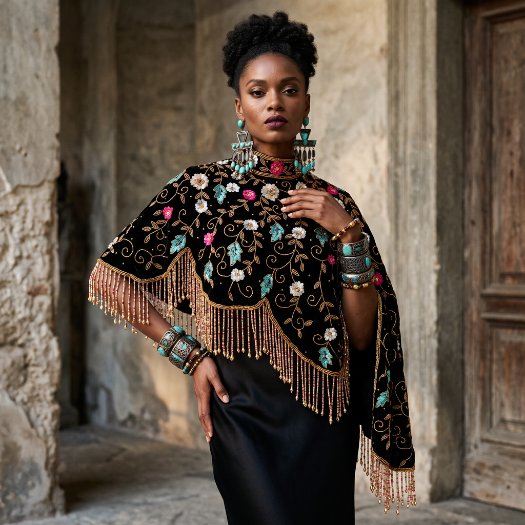 Midnight Botanica Asymmetrical Beaded Cape
