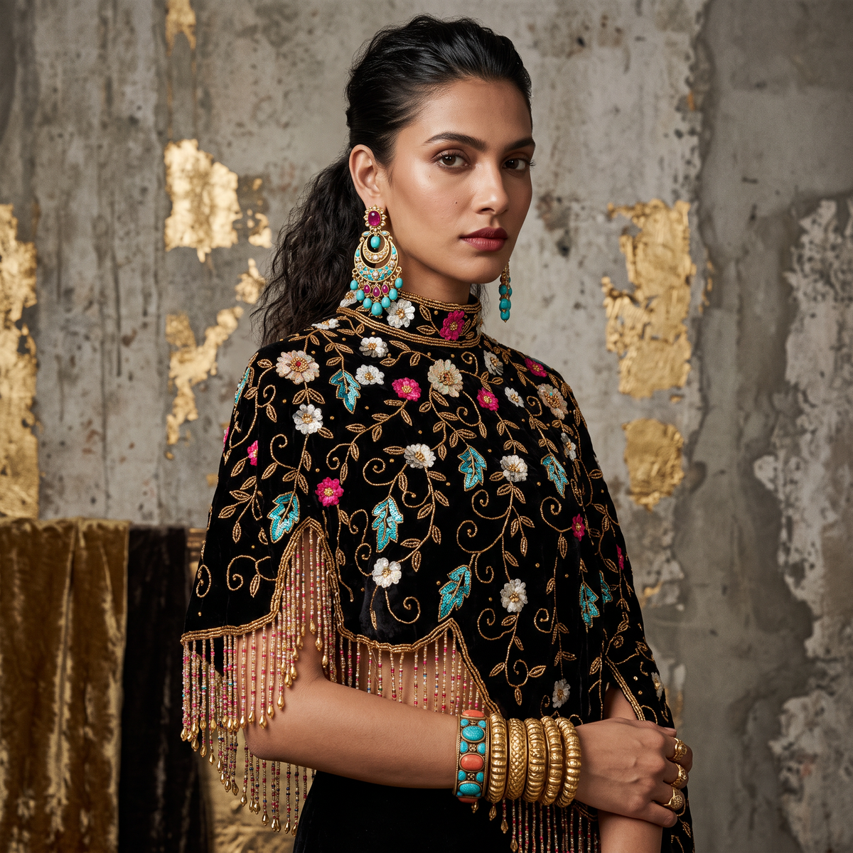 Midnight Botanica Asymmetrical Beaded Cape