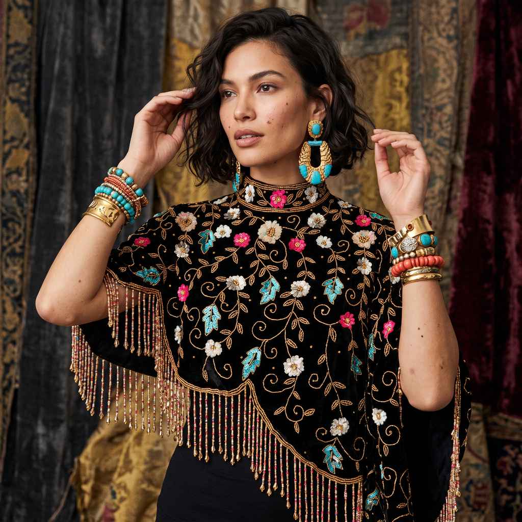Midnight Botanica Asymmetrical Beaded Cape