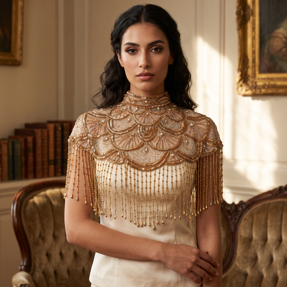 The Golden "Gatsby" Beaded Fringe Capelet