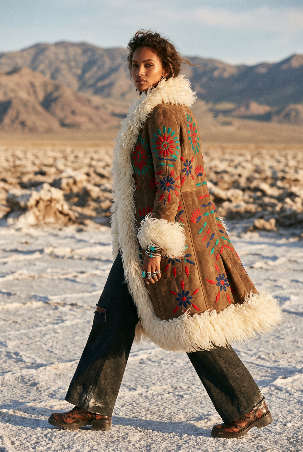 Desert Bloom Penny Lane Coat - Real Sheepskin & Shearling, Vintage-Inspired