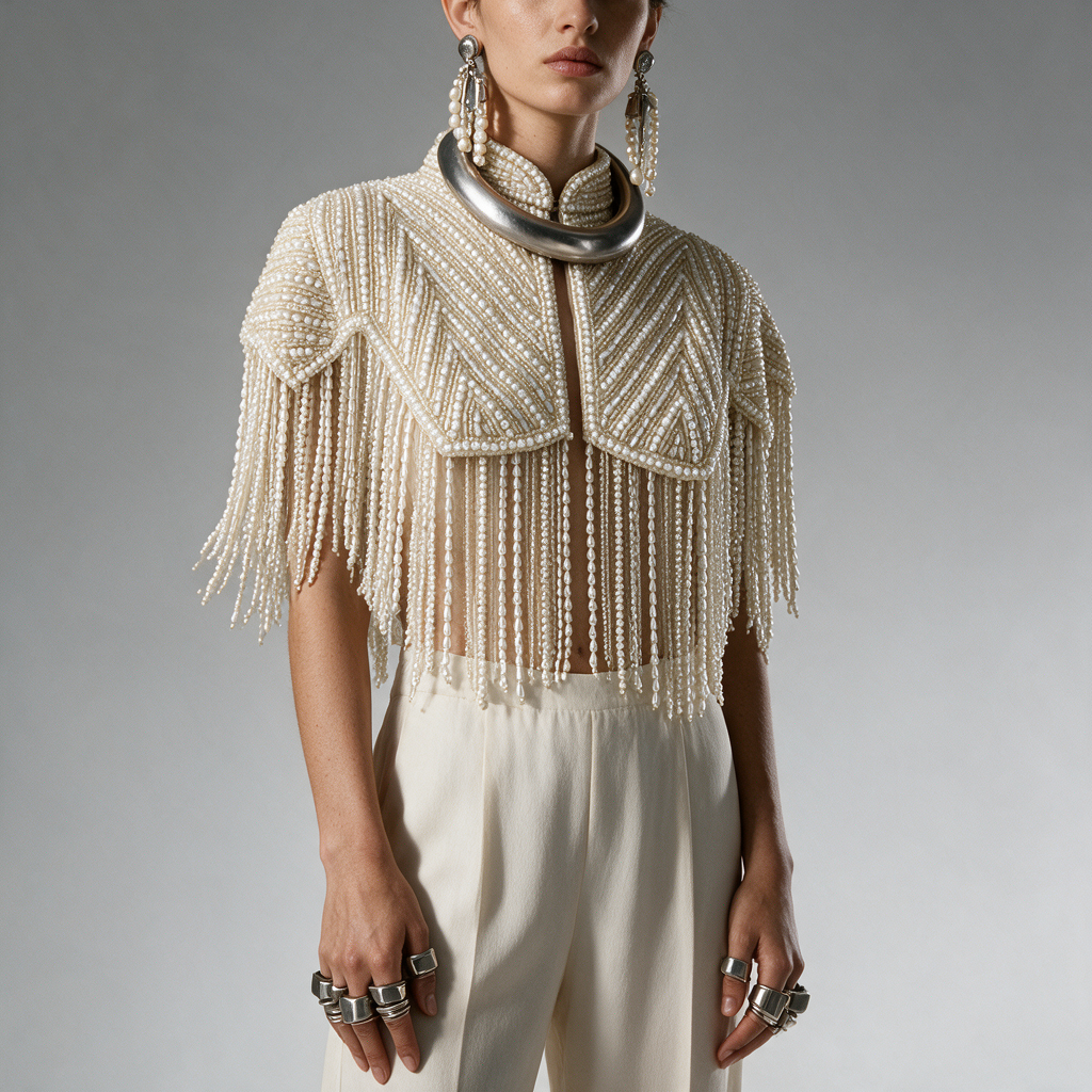 The Lucienne | Ivory Pearl-Beaded Fringe Capelet