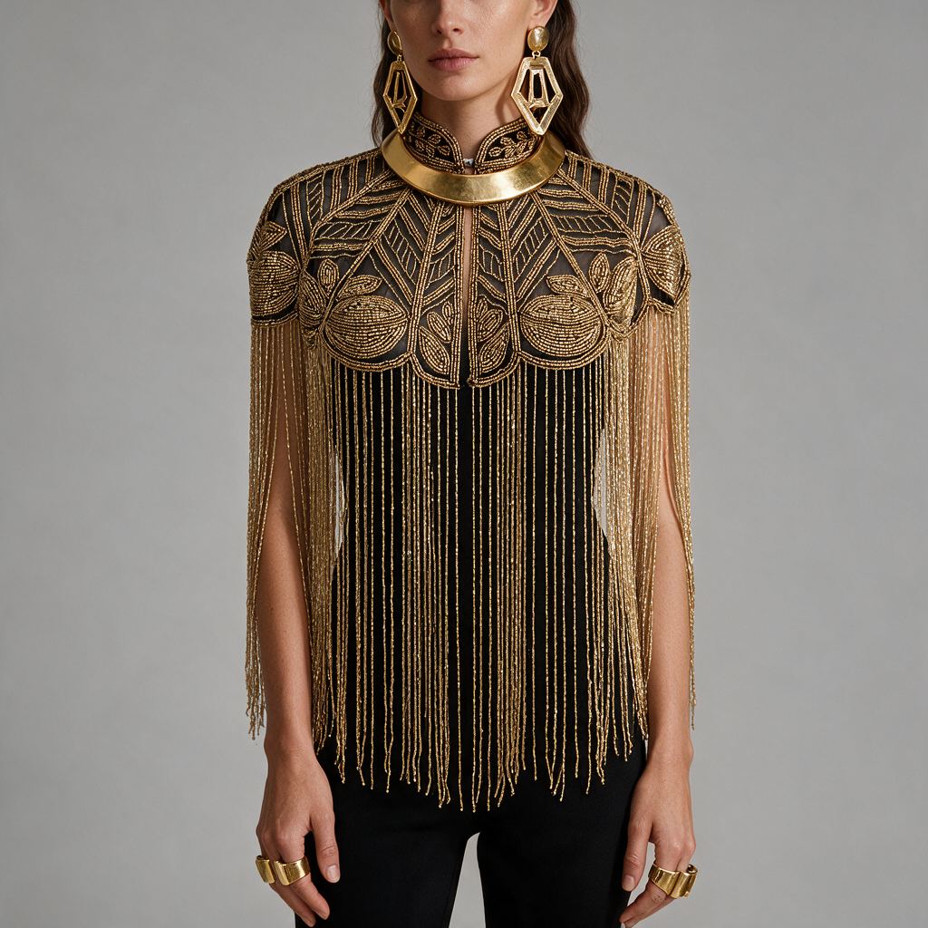 The Gilded Vine Beaded Fringe Cape, Black & Gold
