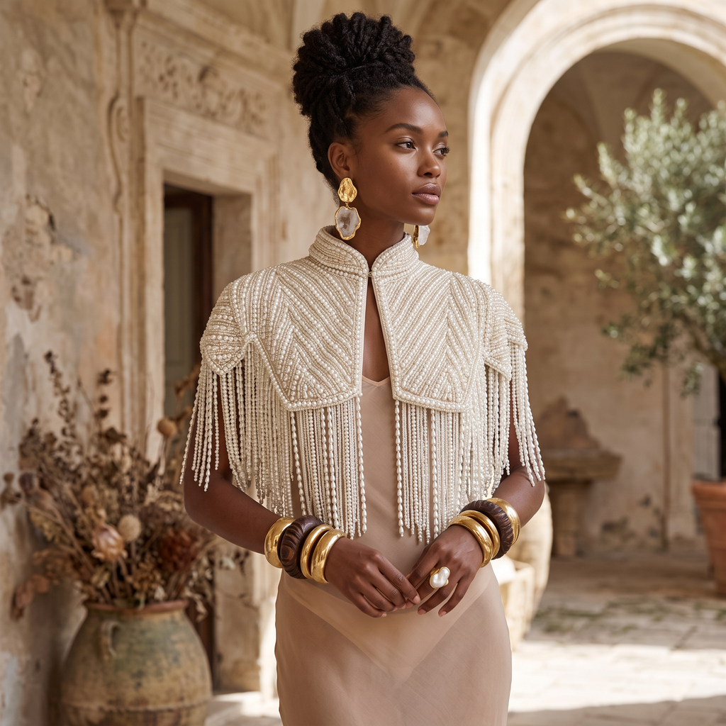The Lucienne | Ivory Pearl-Beaded Fringe Capelet