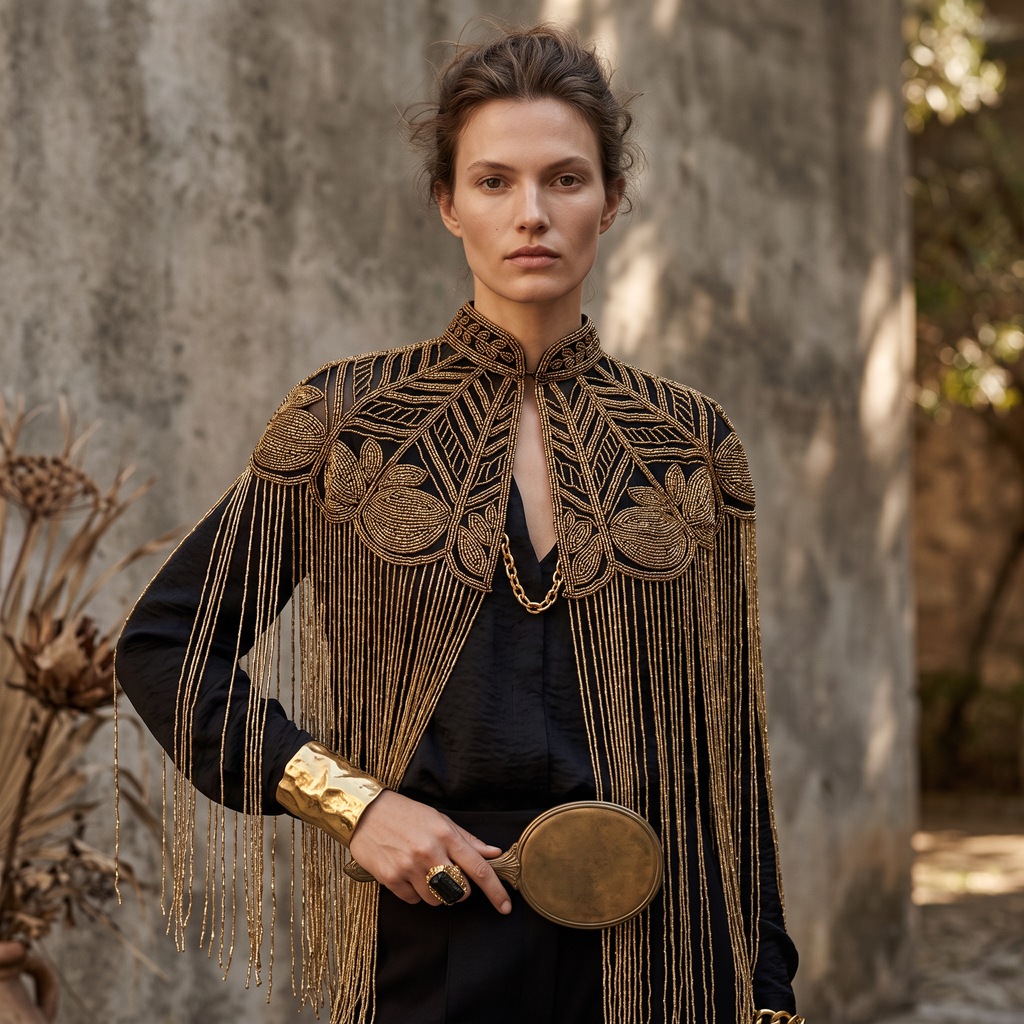 The Gilded Vine Beaded Fringe Cape, Black & Gold