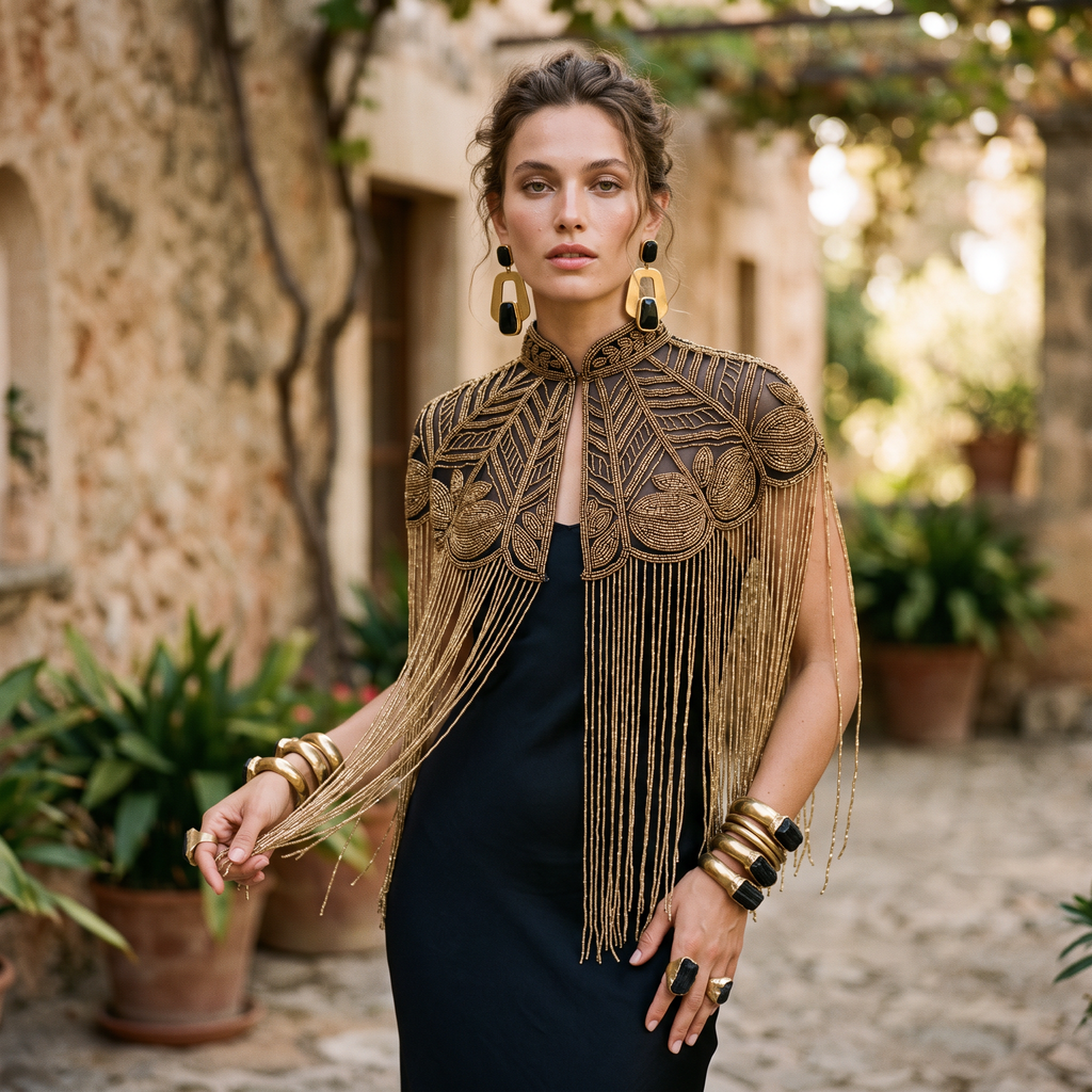 The Gilded Vine Beaded Fringe Cape, Black & Gold