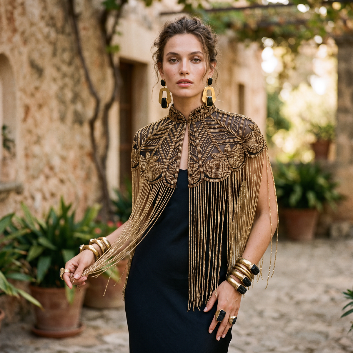 The Gilded Vine Beaded Fringe Cape, Black & Gold