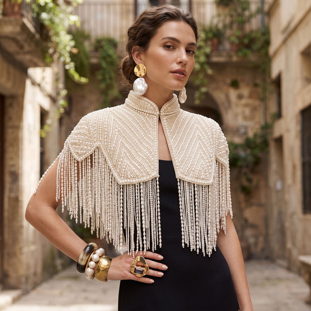 The Lucienne | Ivory Pearl-Beaded Fringe Capelet