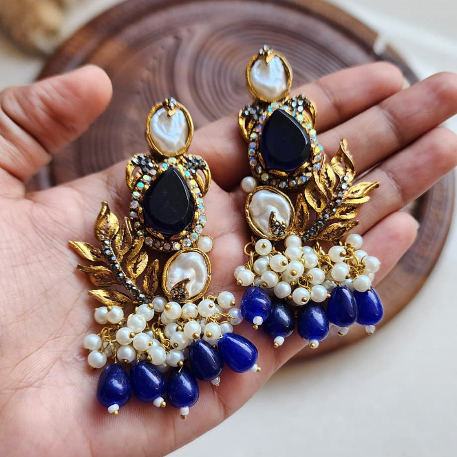 Turkish Pearl Leaf Chandelier Earrings
