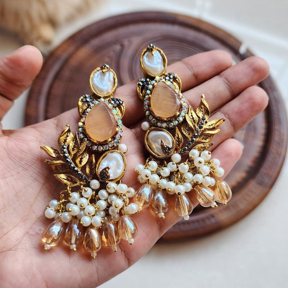 Turkish Pearl Leaf Chandelier Earrings