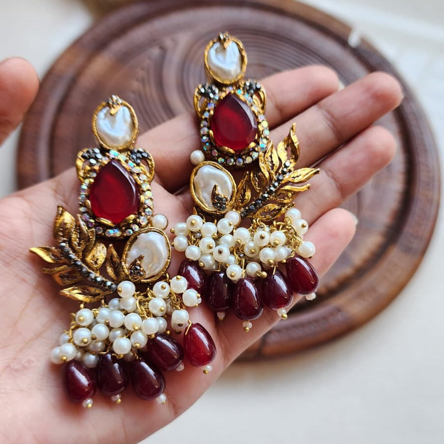 Turkish Pearl Leaf Chandelier Earrings