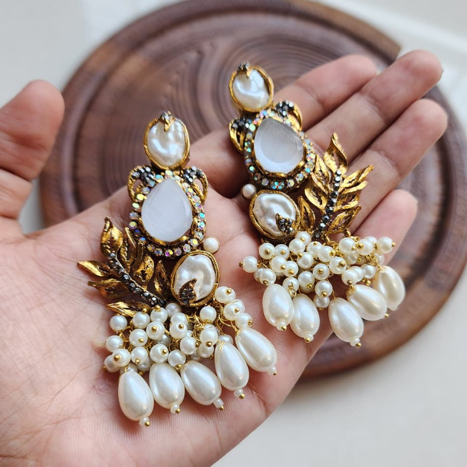 Turkish Pearl Leaf Chandelier Earrings