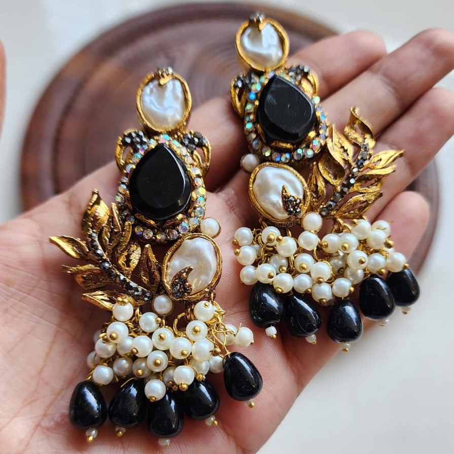 Turkish Pearl Leaf Chandelier Earrings