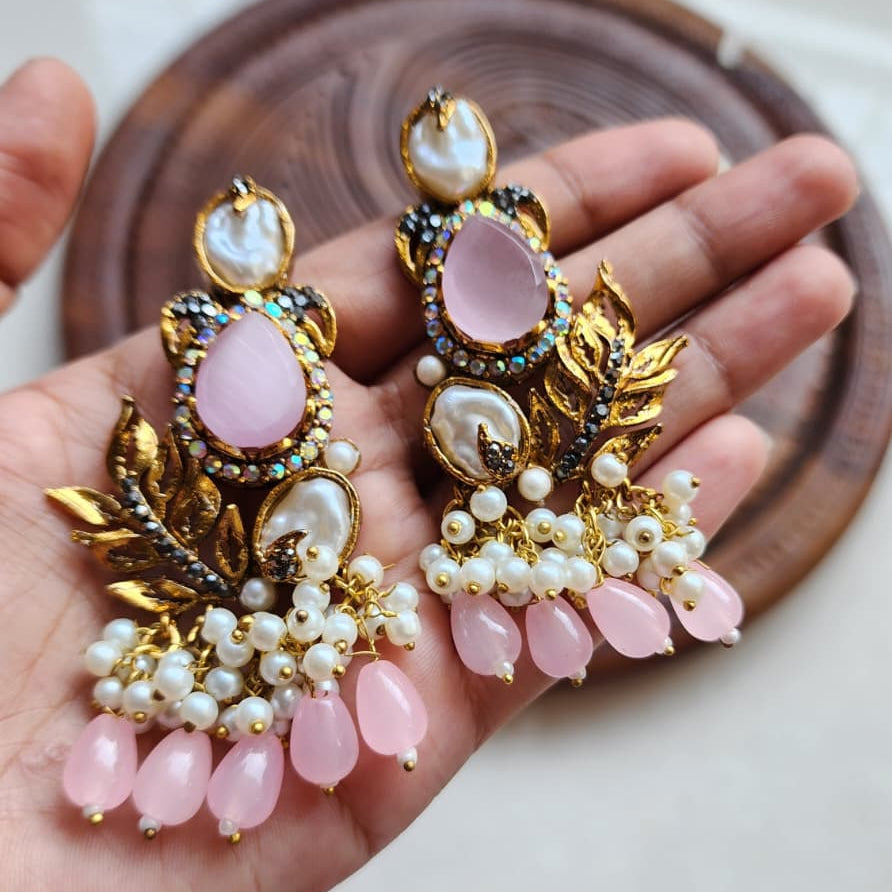 Turkish Pearl Leaf Chandelier Earrings