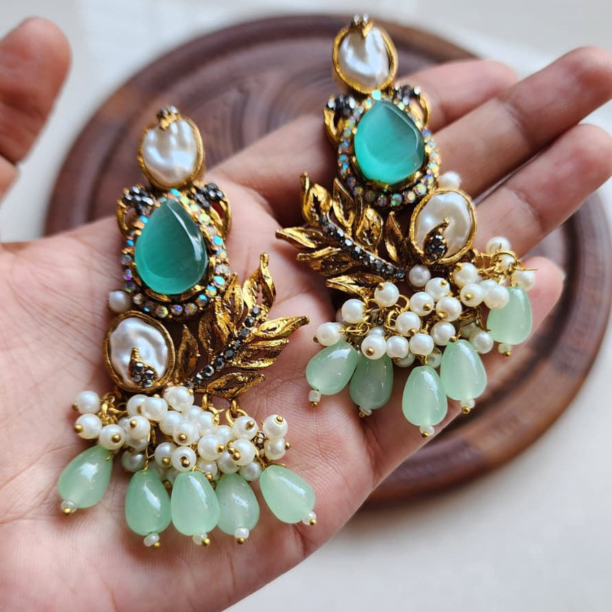 Turkish Pearl Leaf Chandelier Earrings