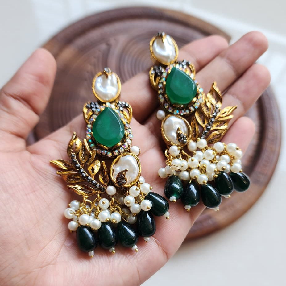 Turkish Pearl Leaf Chandelier Earrings