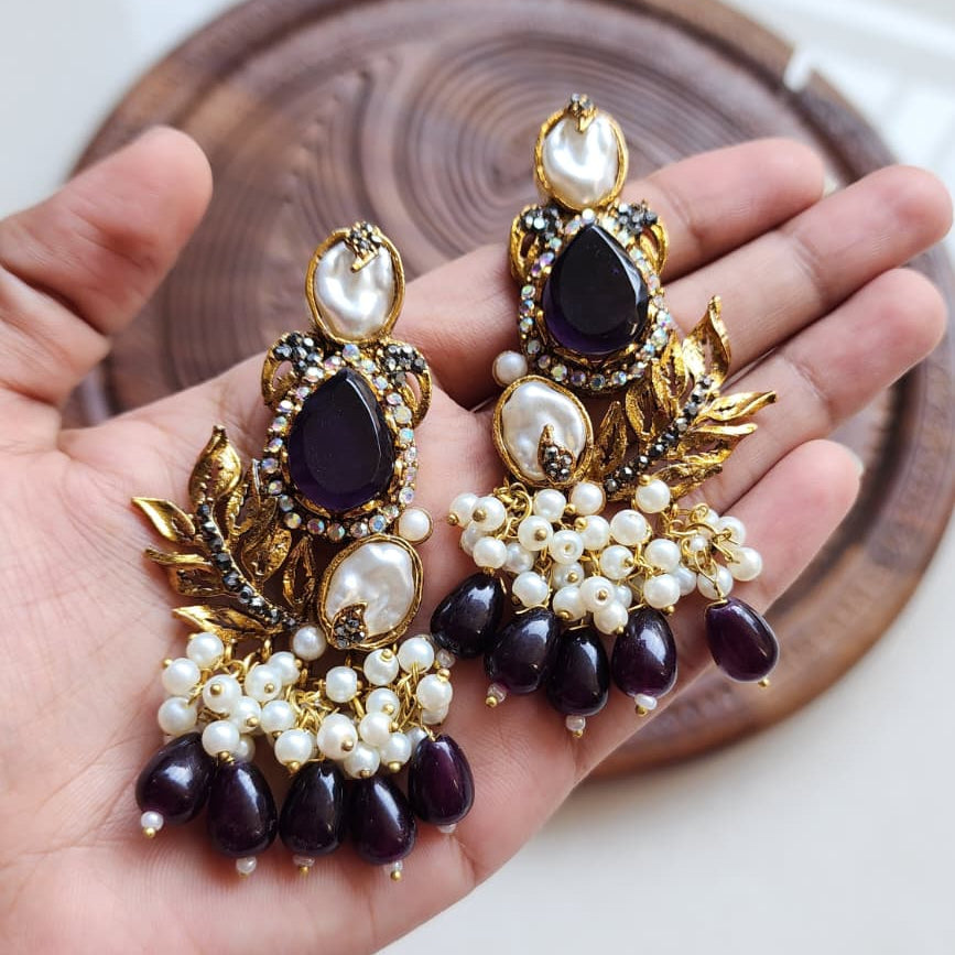 Turkish Pearl Leaf Chandelier Earrings