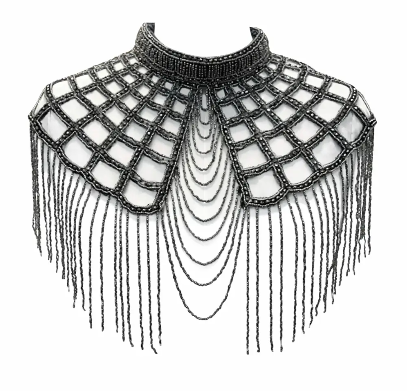 The Onyx, Gunmetal Beaded Capelet Fringe Collar Statement Cape