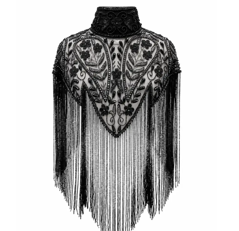Noir Jardin Beaded Capelet, Black Fringe Cape