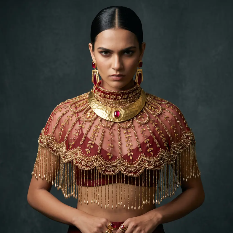The Calista | Maroon & Gold Beaded Fringe Capelet