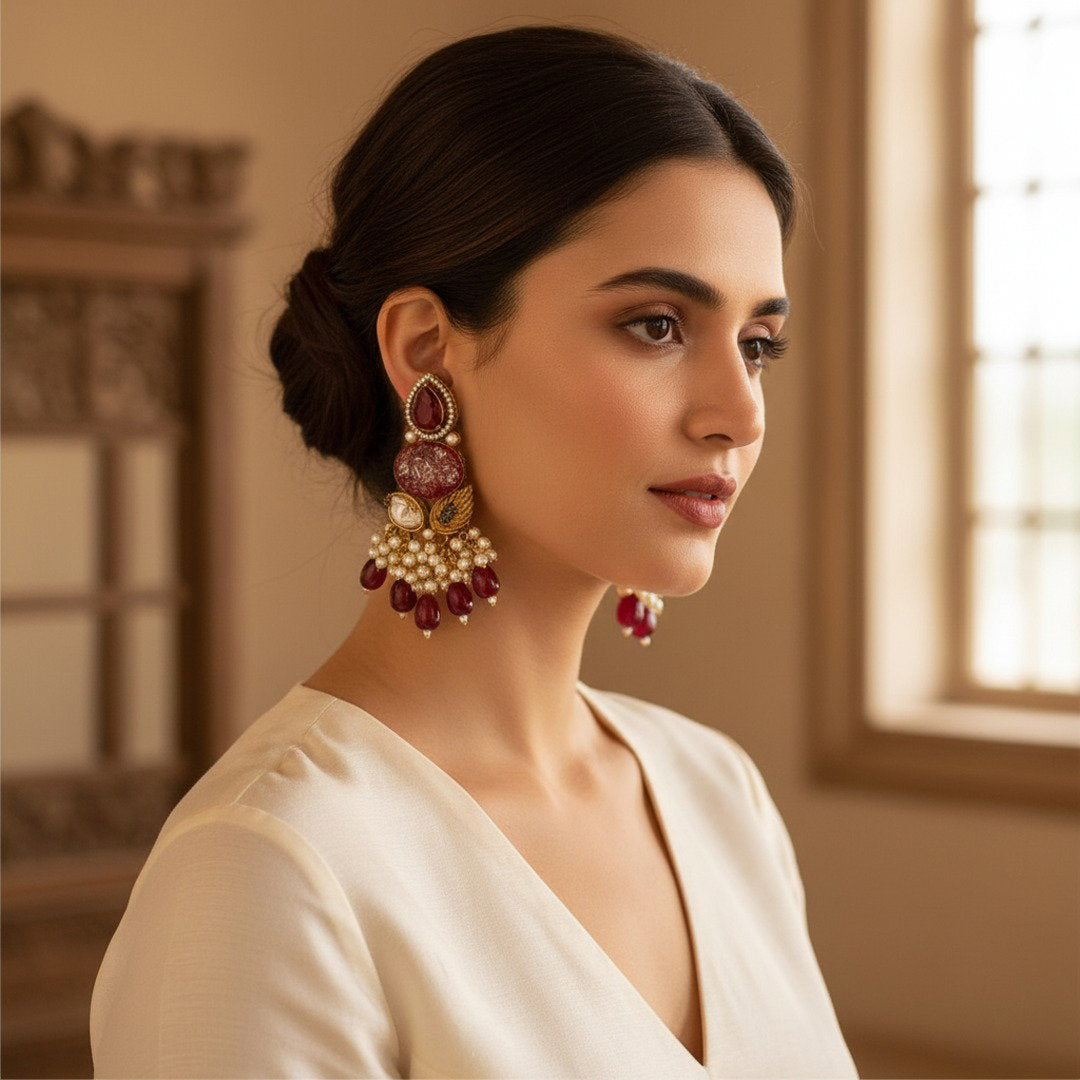Woman wearing ornate earrings in a warm-toned room