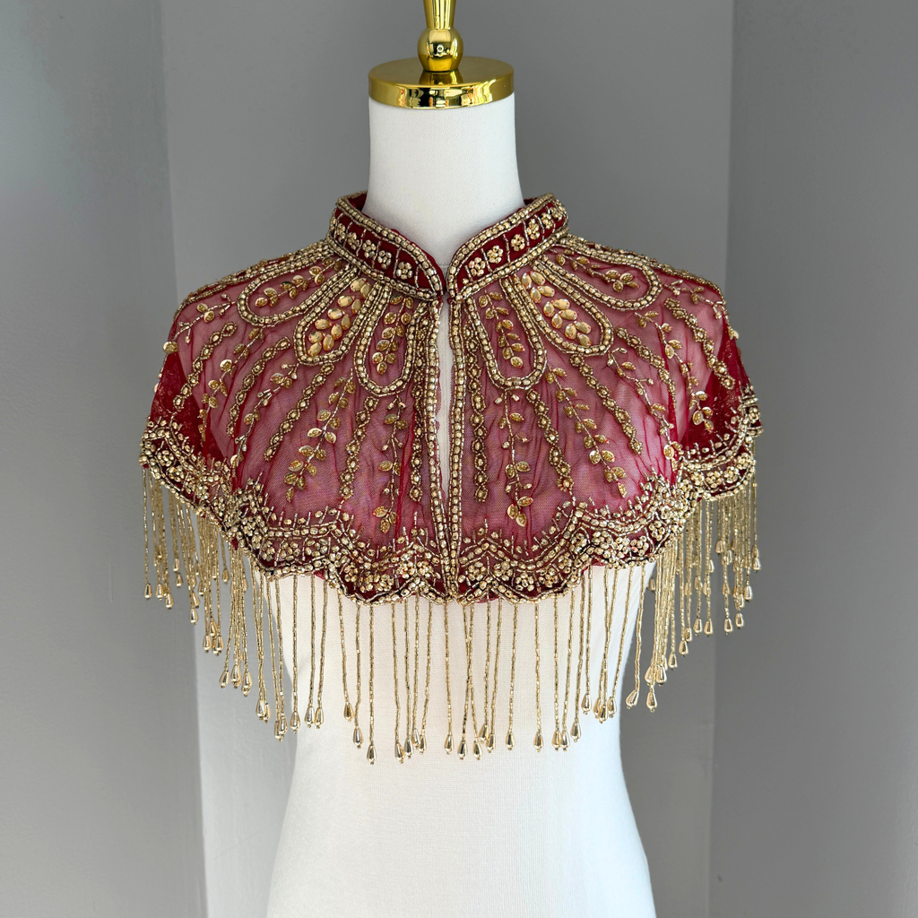 The Calista | Maroon & Gold Beaded Fringe Capelet