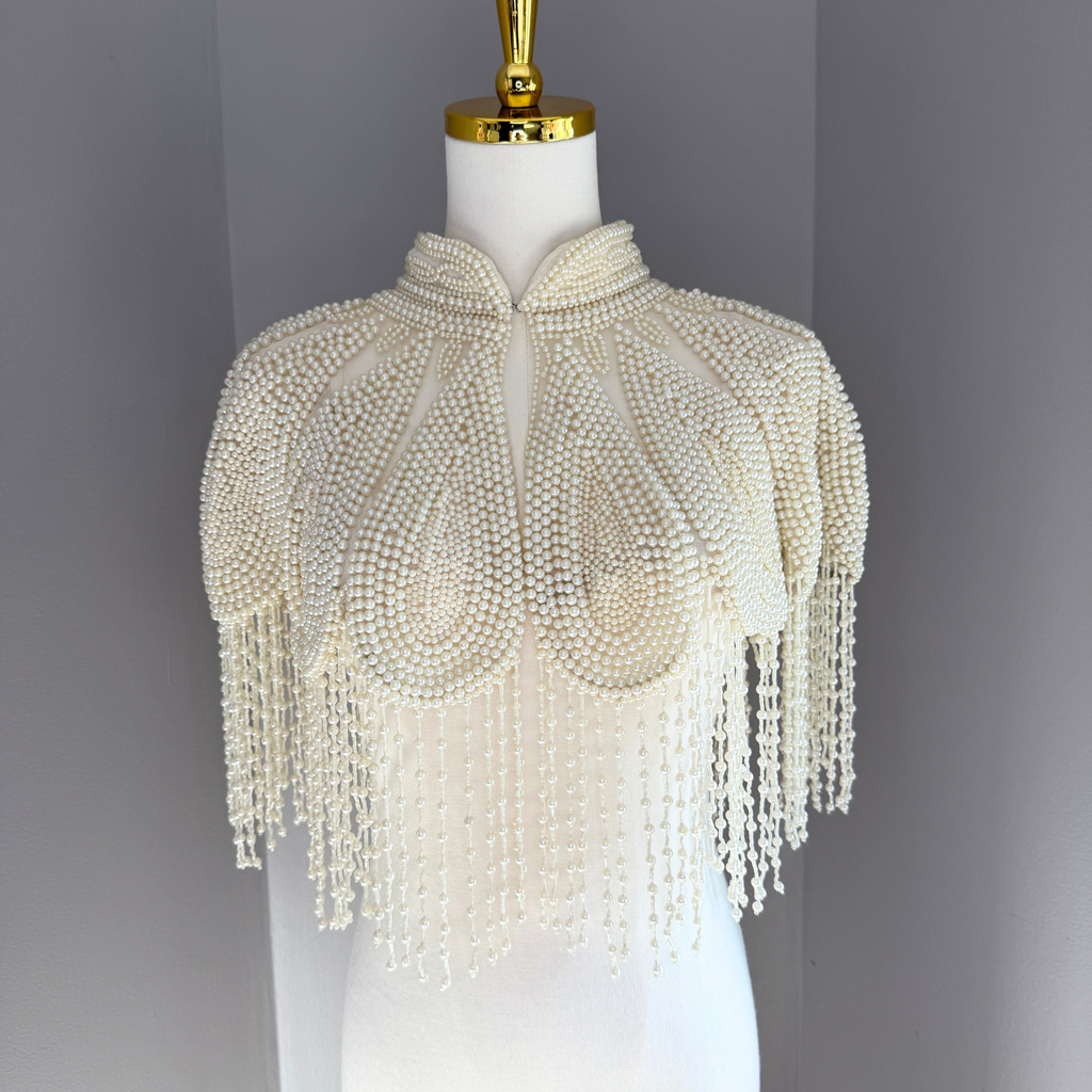 The Vivienne | Ivory Pearl Beaded Fringe Capelet