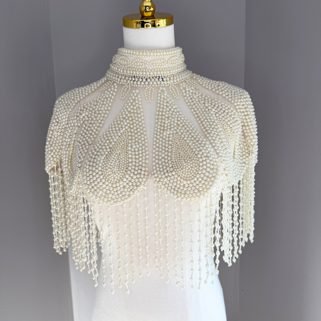 The Vivienne | Ivory Pearl Beaded Fringe Capelet