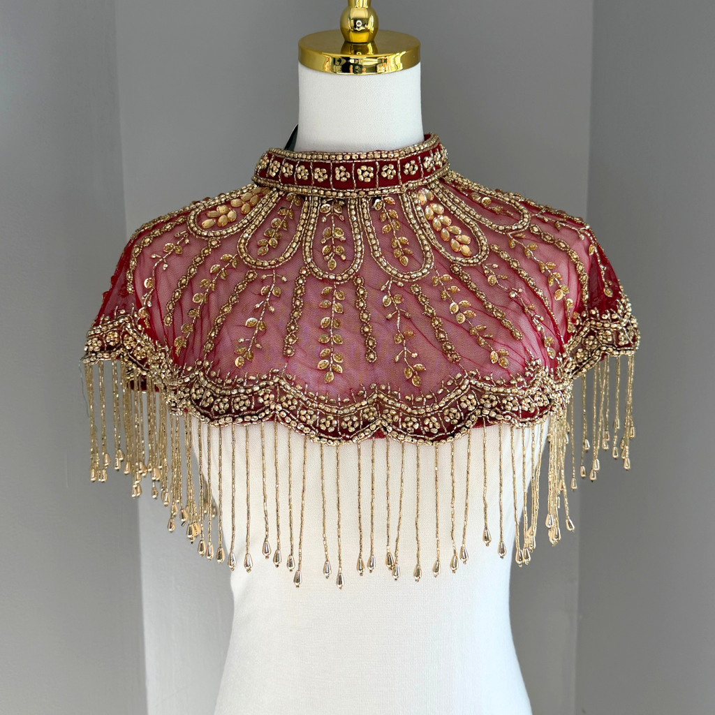 The Calista | Maroon & Gold Beaded Fringe Capelet