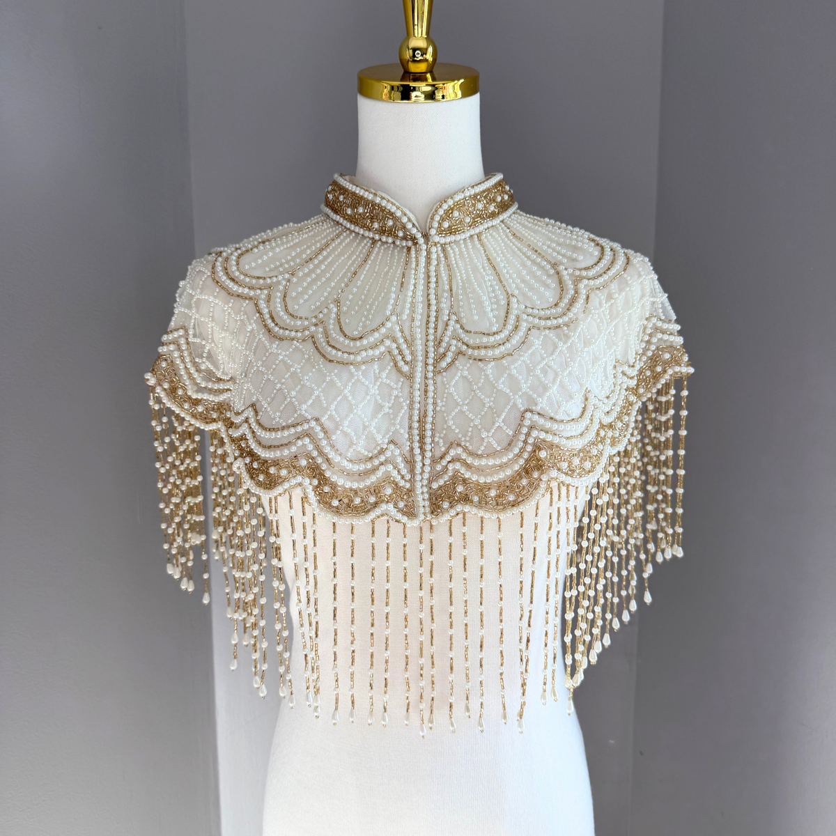 The Margaux | Pearl & Gold Beaded Fringe Capelet