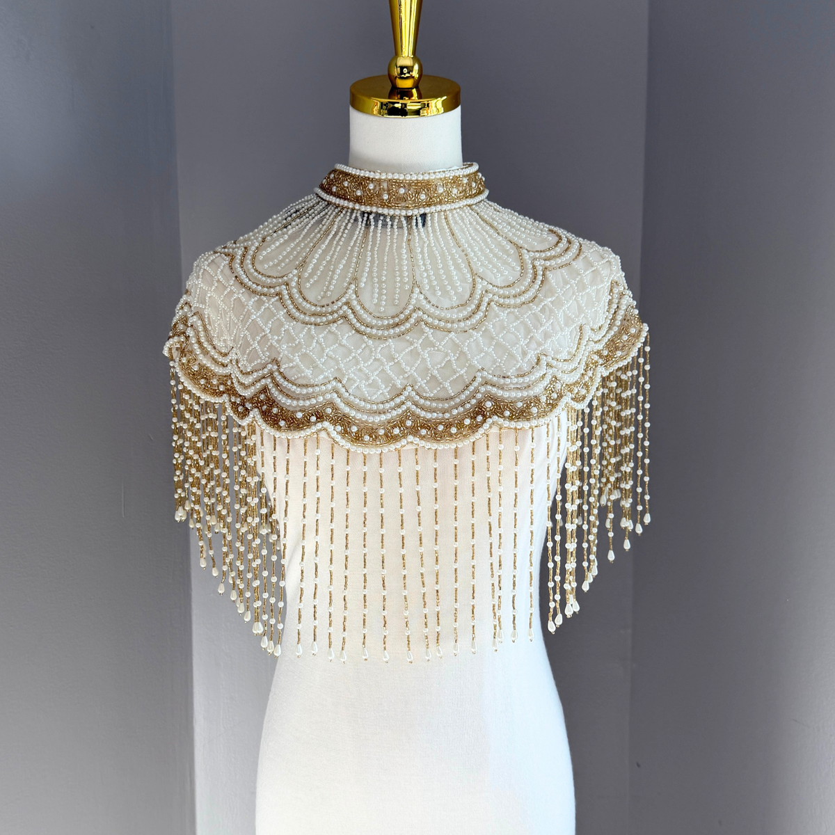 The Margaux | Pearl & Gold Beaded Fringe Capelet