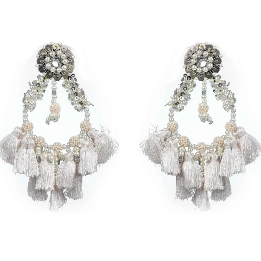 The Santorini – Hand-Embroidered Pearl Tassel Statement Earrings