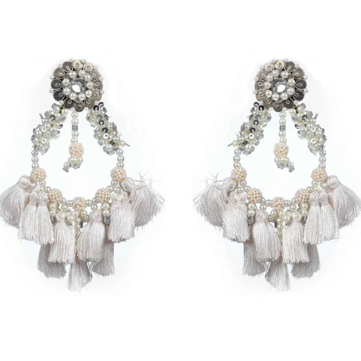 The Santorini – Hand-Embroidered Pearl Tassel Statement Earrings