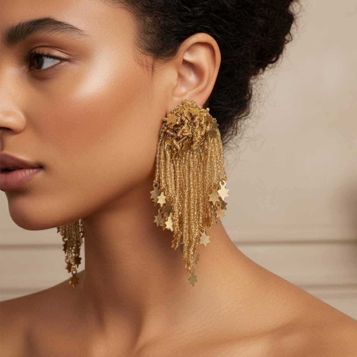 The Celestial Cascade – Hand-Embroidered Star Fringe Earrings