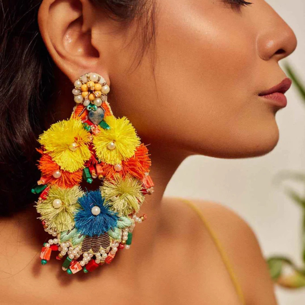 The Cartagena Fiesta – Hand-Embroidered Pom Statement Earrings