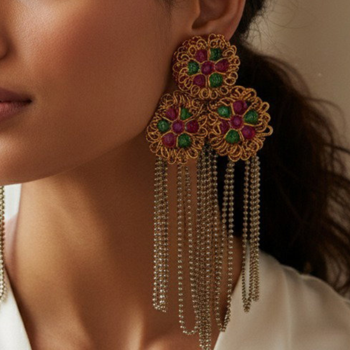 The Granada Fringe – Hand-Embroidered Floral Chain Earrings