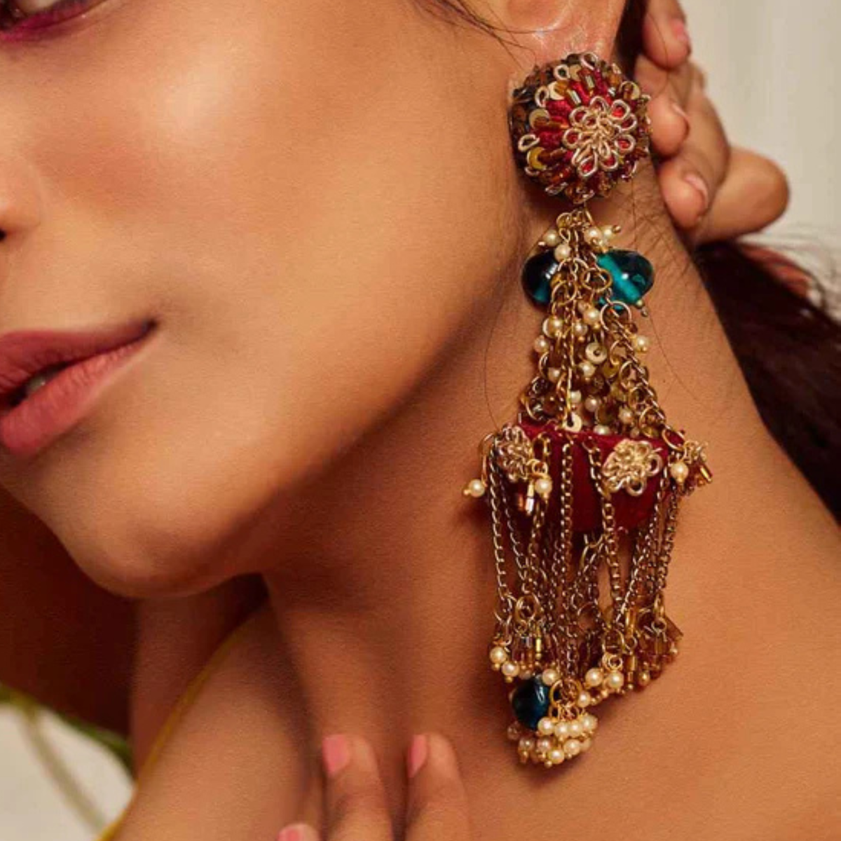 The Marrakech Lantern – Hand-Embroidered Chandelier Statement Earrings