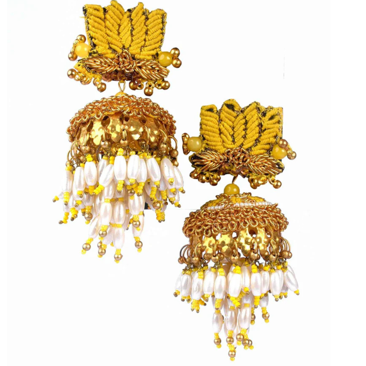 The Jaipur Leaf – Hand-Embroidered Gold Statement Earrings
