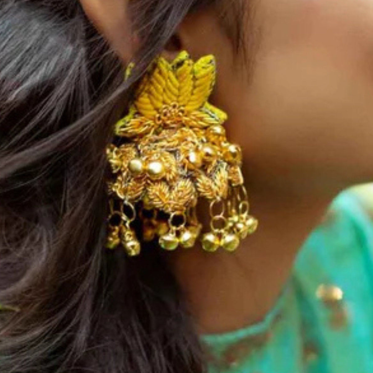 The Jaipur Leaf – Hand-Embroidered Gold Statement Earrings