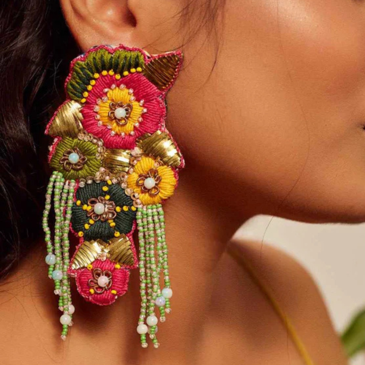 The Oaxaca Garden – Hand-Embroidered Floral Fringe Statement Earrings