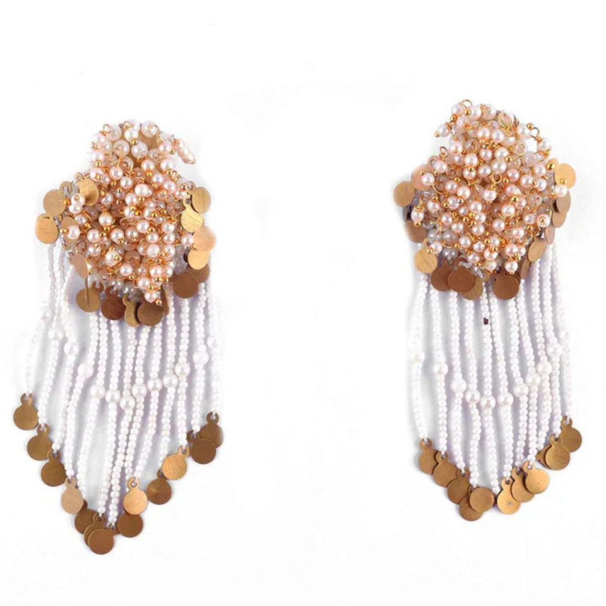 The Champagne Cascade – Hand-Embroidered Pearl Fringe Statement Earrings