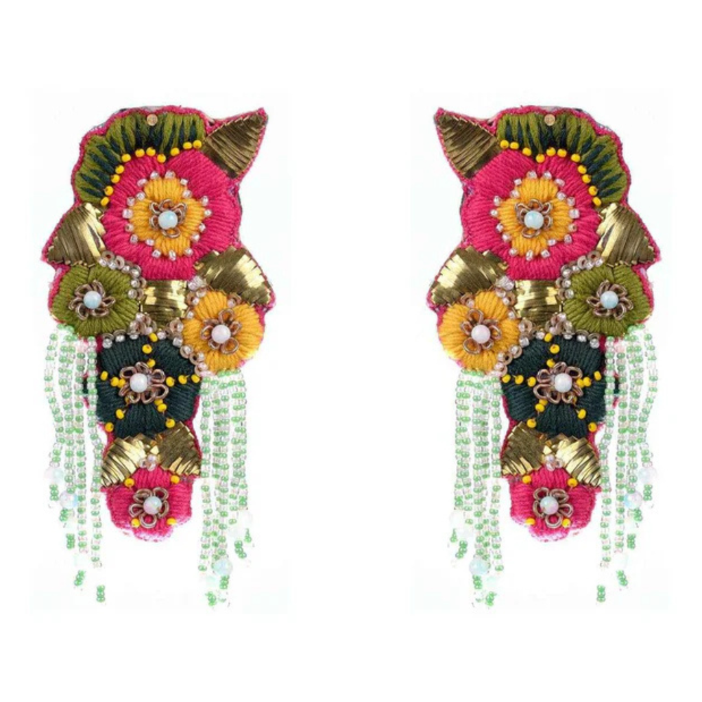 The Oaxaca Garden – Hand-Embroidered Floral Fringe Statement Earrings