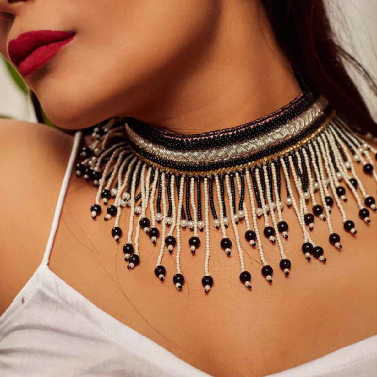The Paris Noir – Hand-Embroidered Black & White Fringe Choker Necklace