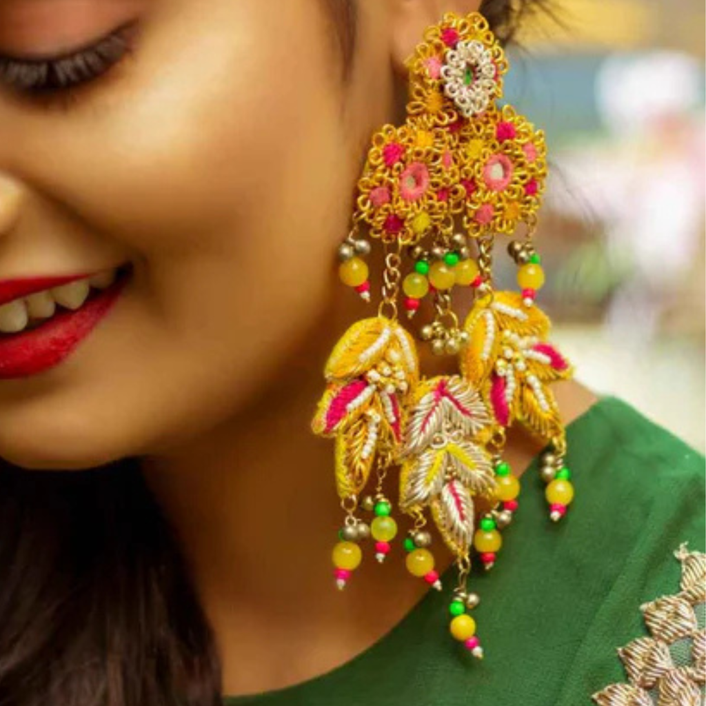 The Jaipur Vine – Hand-Embroidered Botanical Statement Earrings