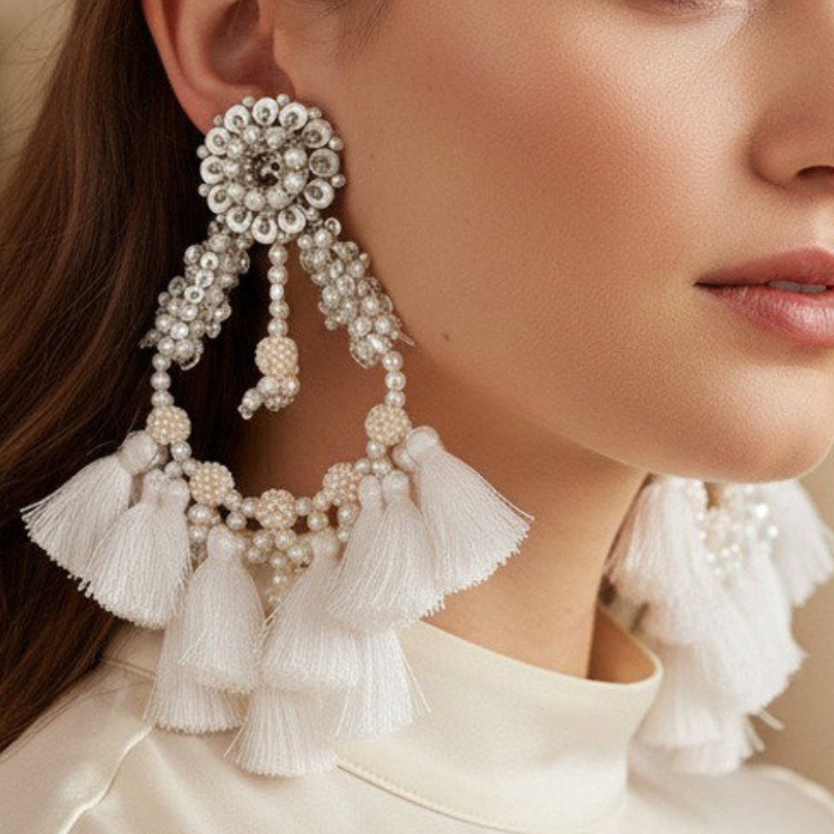 The Santorini – Hand-Embroidered Pearl Tassel Statement Earrings