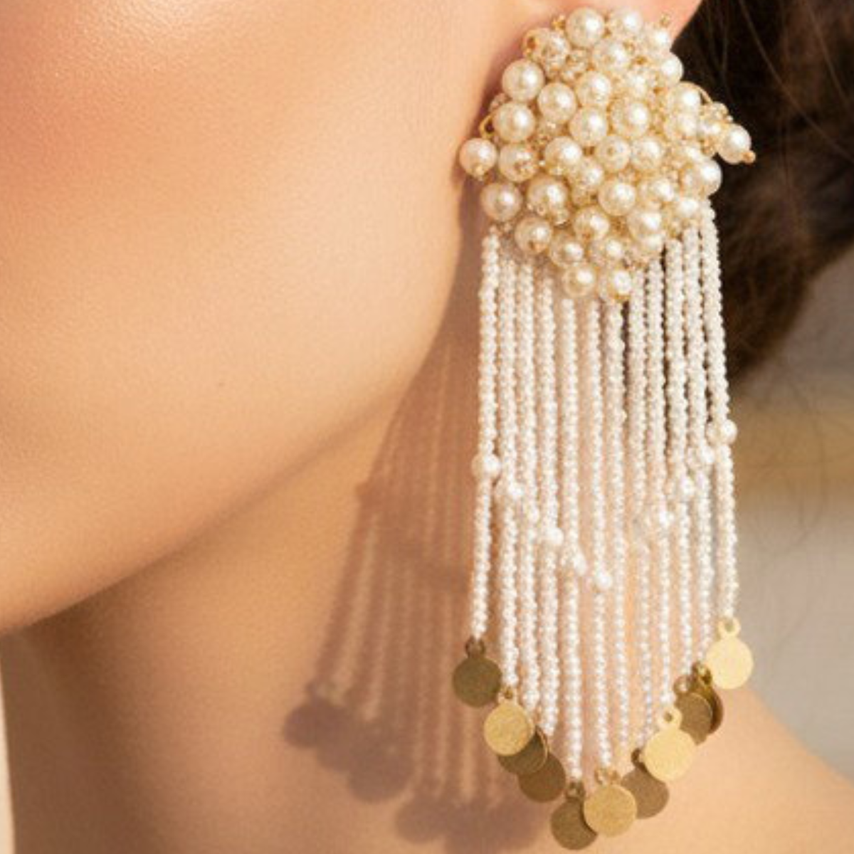 The Champagne Cascade – Hand-Embroidered Pearl Fringe Statement Earrings
