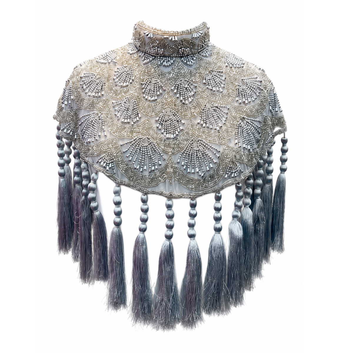 Celestine Silver Beaded Tassel Cape