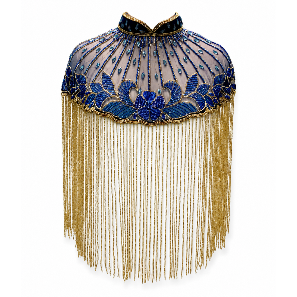 The "Azure Lotus" Beaded Fringe Cape, Blue & Gold